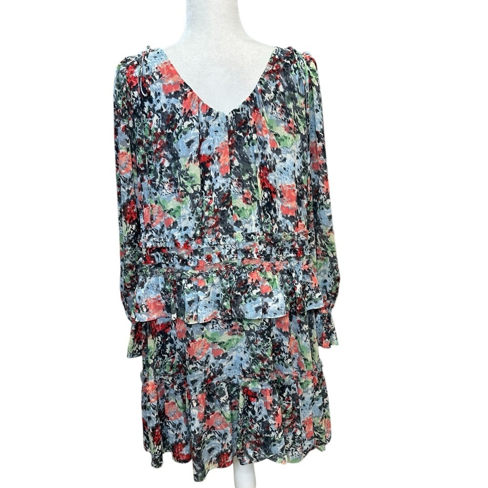 cinq a sept Floral V-Neck Tiered Long-Sleeve Dress in Black, Coral, Green, White - Picture 4 of 9